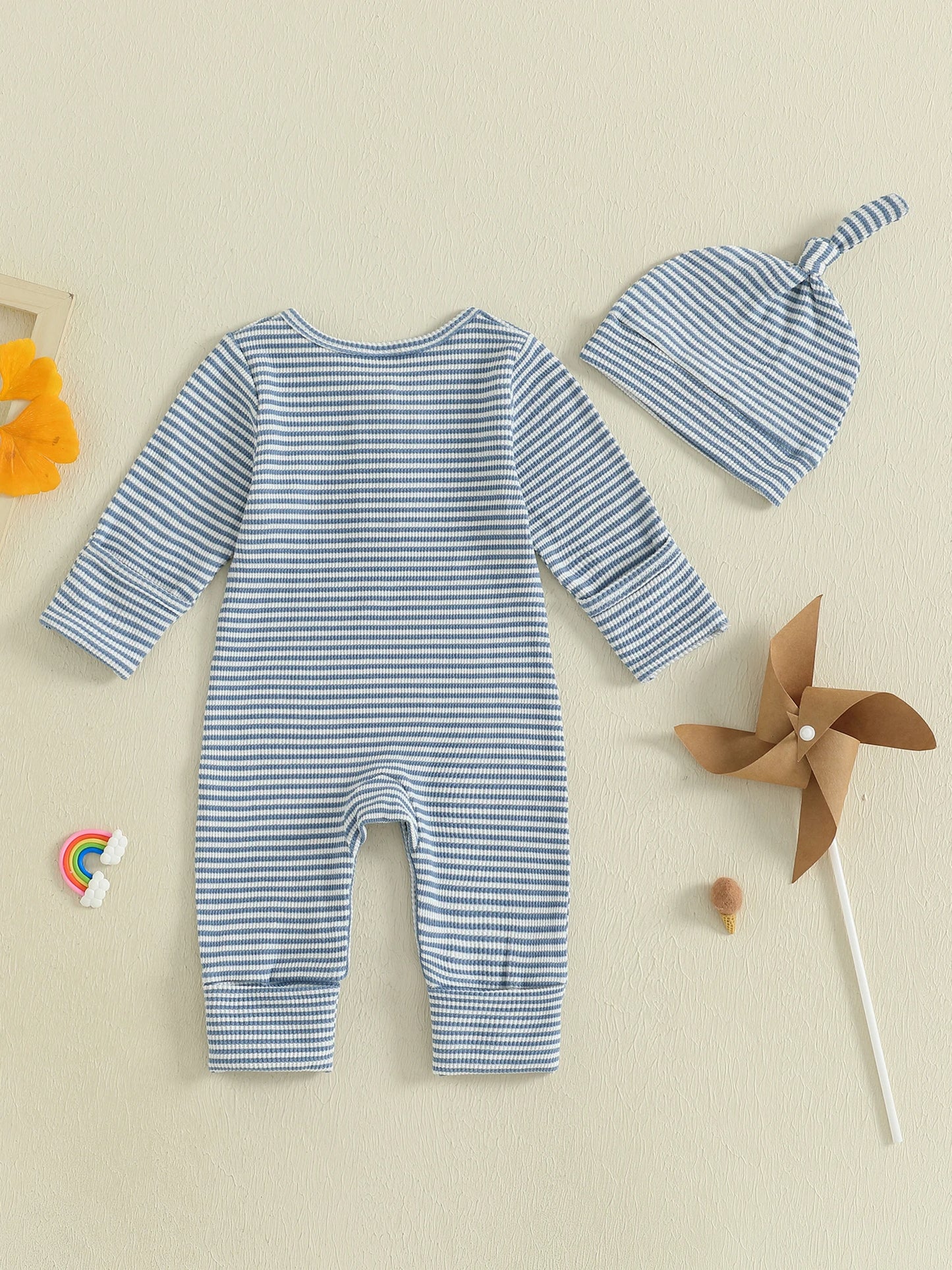 Baby Boys 2Pcs Fall Clothes Romper Stripe Print Long Sleeve Round Neck Full Length Jumpsuit with Hat Set
