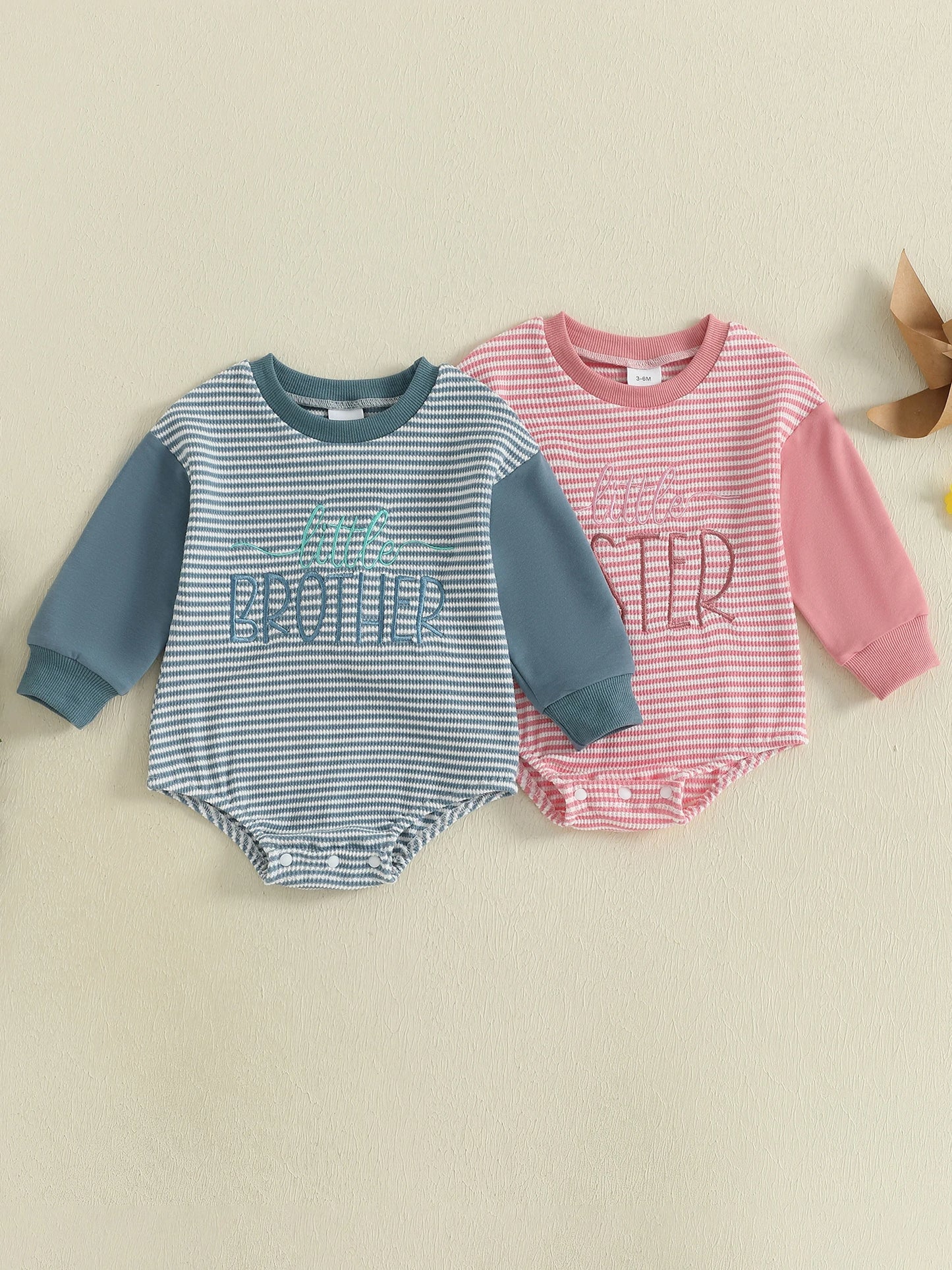 Baby Boys Girls Fall Romper Stripe Letter Little Brother Sister Embroidery Long Sleeve Crew Neck Bubble Jumpsuit