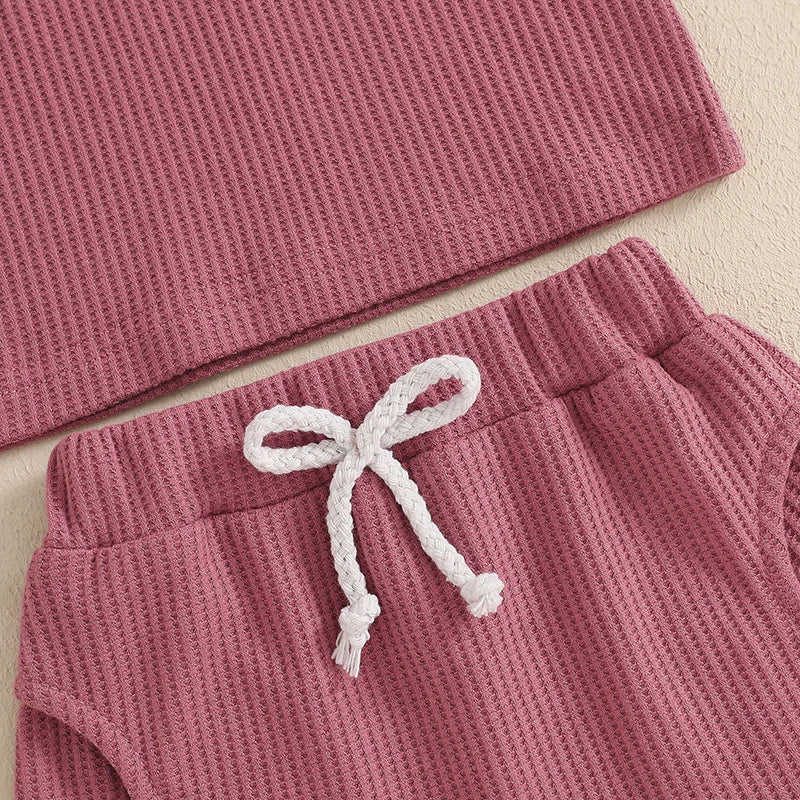 Baby Toddler Girls 2Pcs Waffle Outfit Mama's Mini Letter Embroidery Ruffle Short Sleeve T-Shirt Top and Elastic Shorts Set Clothes