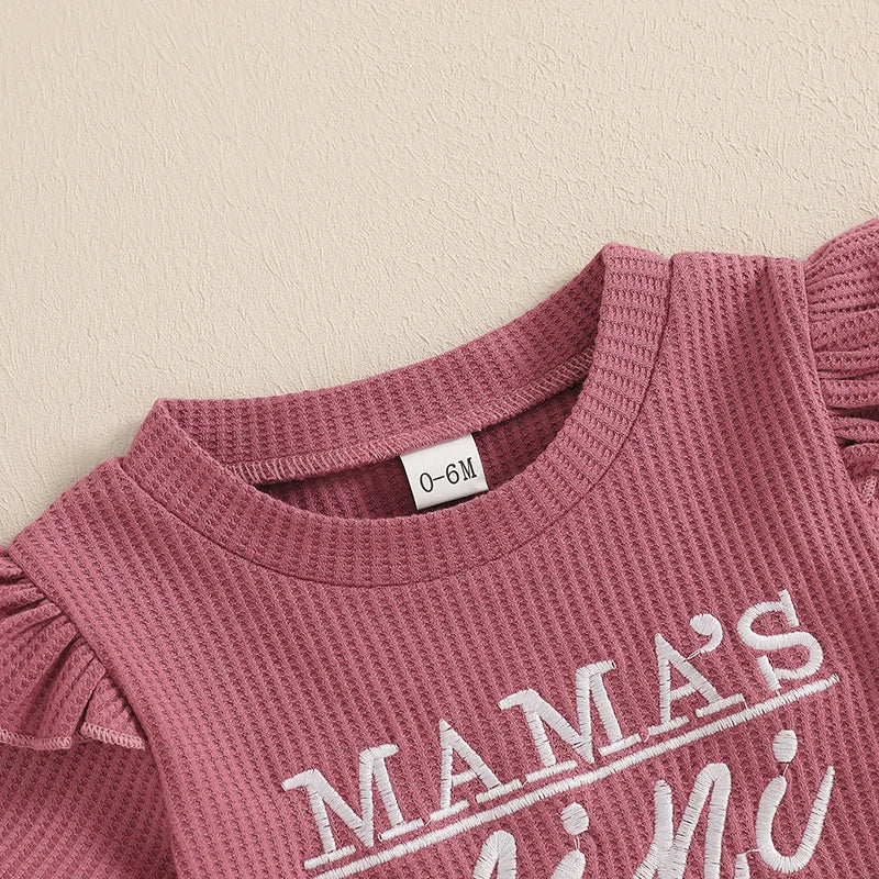 Baby Toddler Girls 2Pcs Waffle Outfit Mama's Mini Letter Embroidery Ruffle Short Sleeve T-Shirt Top and Elastic Shorts Set Clothes