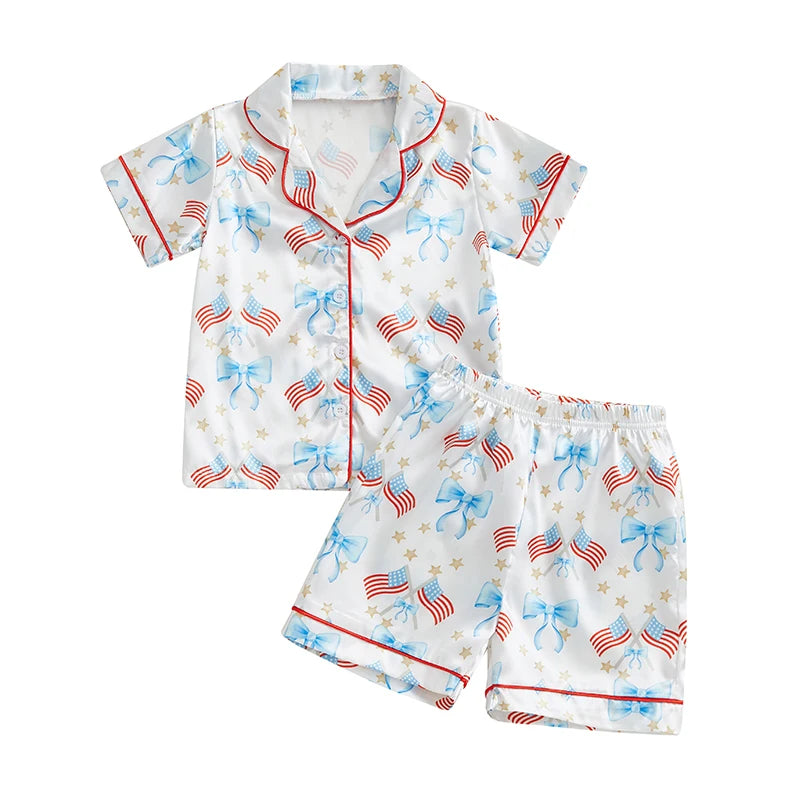 Toddler Girls Patriotic Pajamas Set Summer Star/Bow Print Button up Short Sleeves Shirt with Elastic Shorts for Loungewear