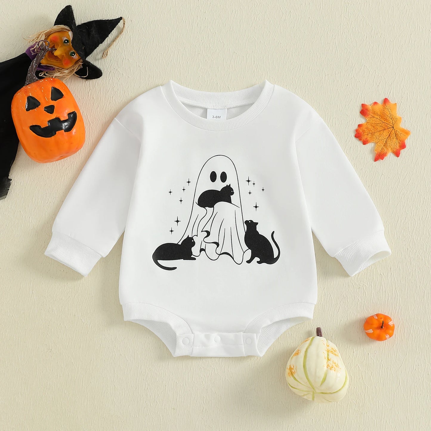Baby Boys Girls Halloween Bubble Romper Long Sleeve Round Neck Black Cat Ghost Print Romper Fall Playsuit