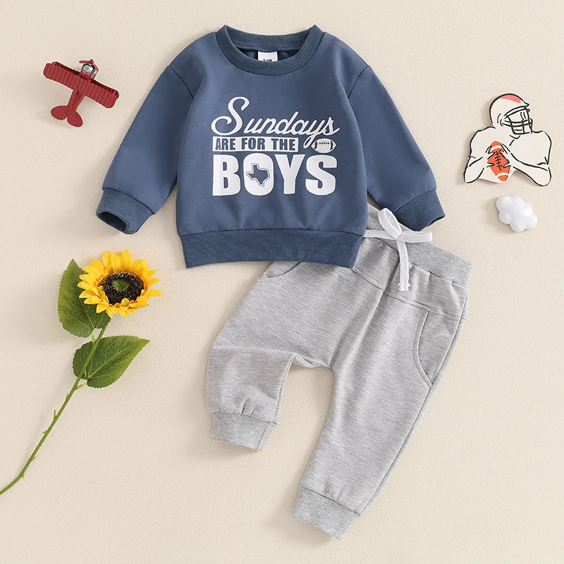 Baby Toddler Boys 2Pcs Sundays Are For the Boys / Team Dino / I'm Just Here For The Snacks / Fall Outfit Letter / Birds Football Print Long Sleeve Top Elastic Waist Pants Set