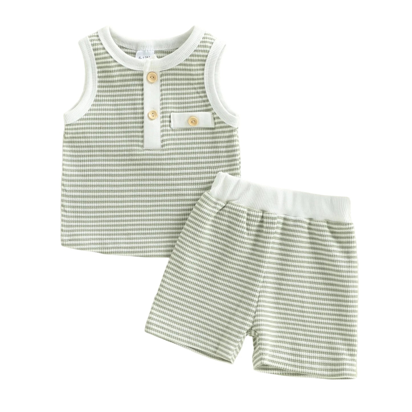 Baby Toddler Boys 2Pcs Summer Outfit Contrast Color Striped Half Button Up Crew Neck Sleeveless Tank Top and Shorts Set