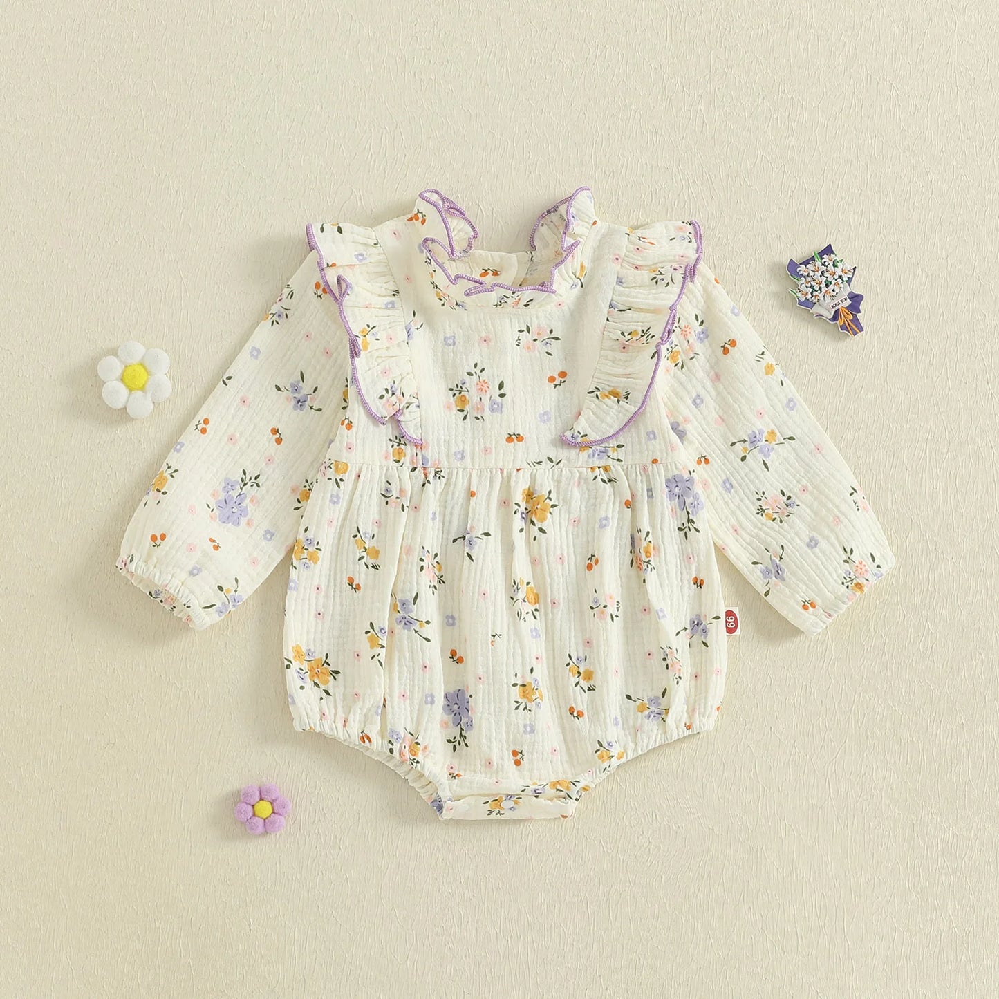 Baby Girl Fall Bubble Romper Floral Print Long Sleeve Frill Mock Neck Ruffled Jumpsuit