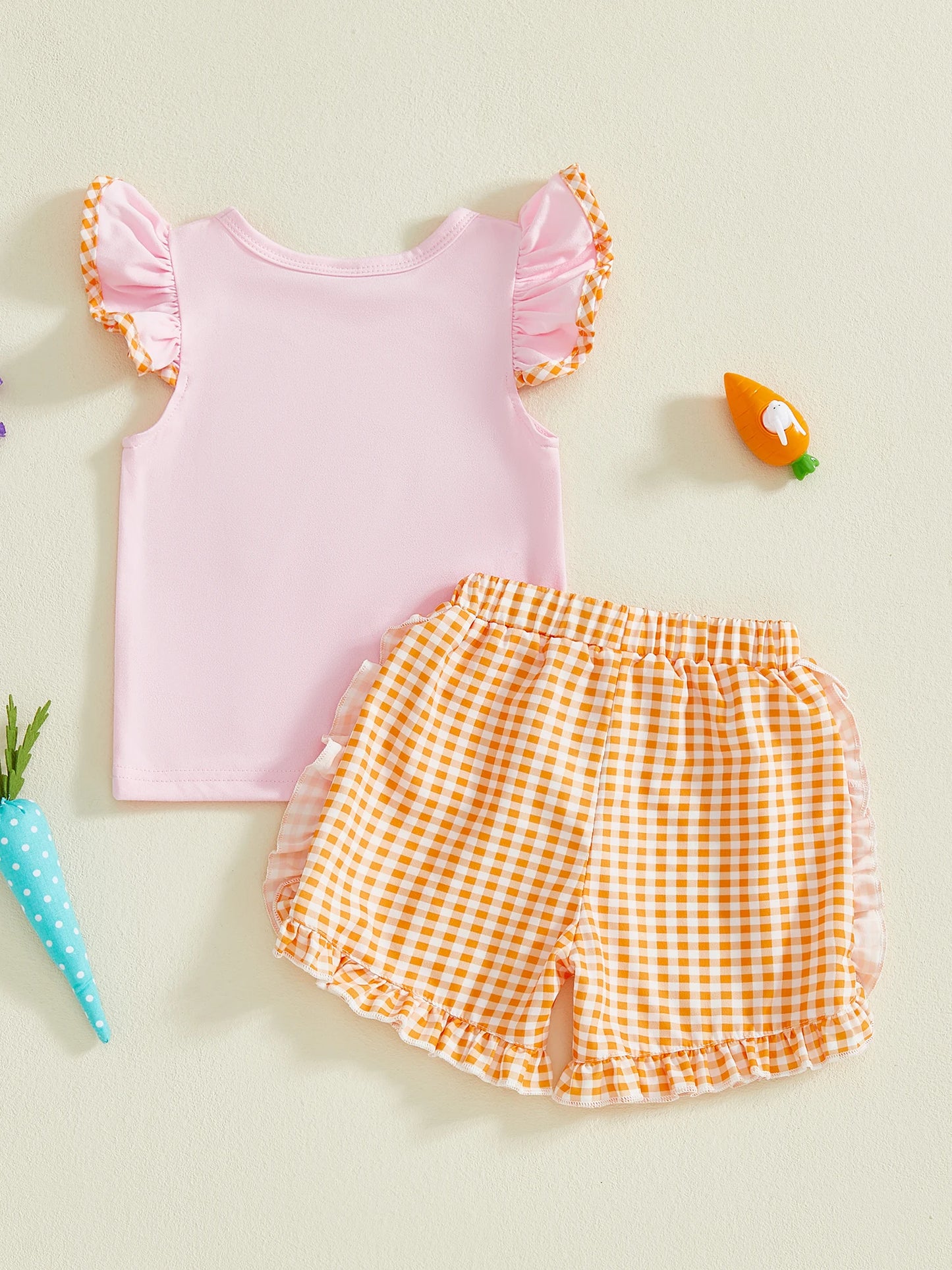 Baby Toddler Girls 2Pcs Easter Outfit Carrot Embroidered Flying Sleeve Top and Plaid Shorts Set
