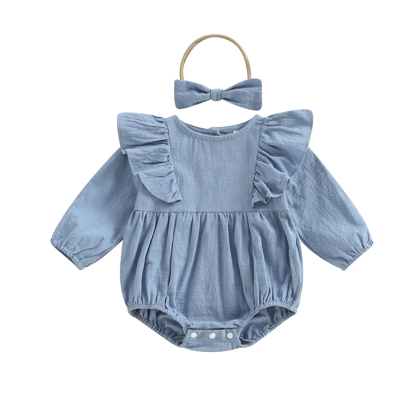 Baby Girl 2Pcs Spring Romper Solid Color Long Sleeves Round Neck Ruffled Bodysuit and Matching Bow Headband Set