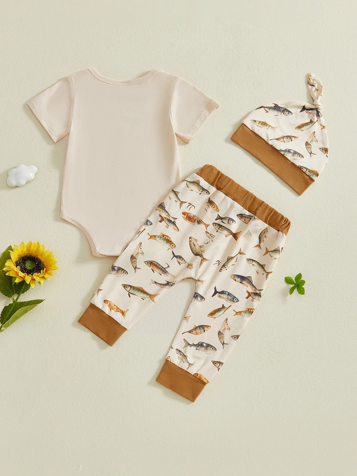 Baby Boy 3Pcs Daddy's Fishing Buddy Summer Outfit Crew Neck Short Sleeve Letters Print Romper Elastic Waist Pants and Hat Set