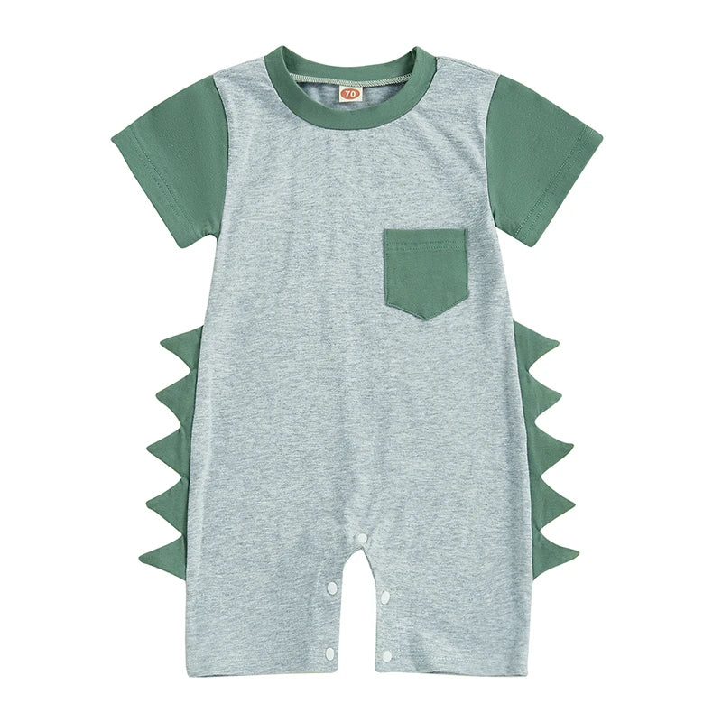 Baby Boy Summer Romper Short Sleeve Round Neck Contrast Color Dinosaur Spikes Jumpsuit Playsuit