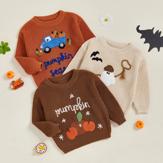 Baby Toddler Kids Boys Girls Halloween Fall Sweater Long Sleeve Round Neck Pumpkin/ Pumpkin Season Truck/Ghost Embroidery Knit Top