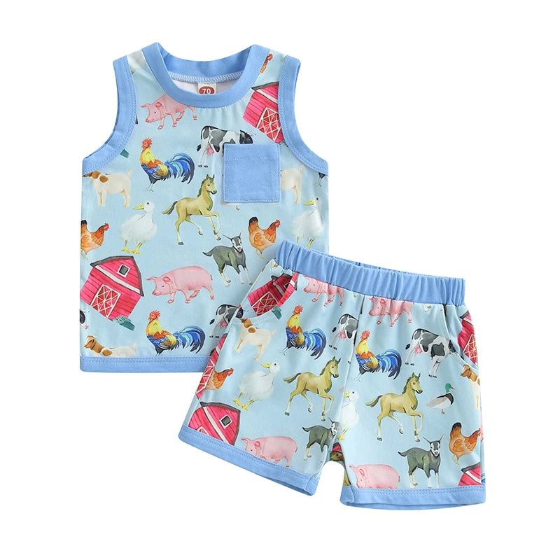 Baby Toddler Boys 2Pcs Tractor Farm Animal Sleeveless Tank Top Elastic Waist Shorts Outfit Summer Clothes Set