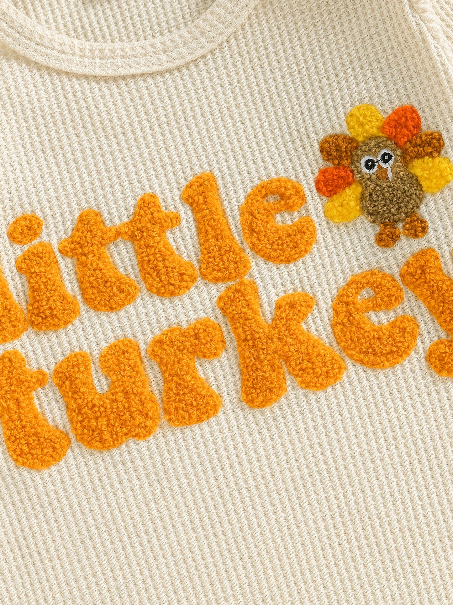 Baby Boys Girls 2Pcs Little Turkey Thanksgiving Outfit Long Sleeve Crew Neck Letter Turkey Embroidery Full Length Romper with Hat Set