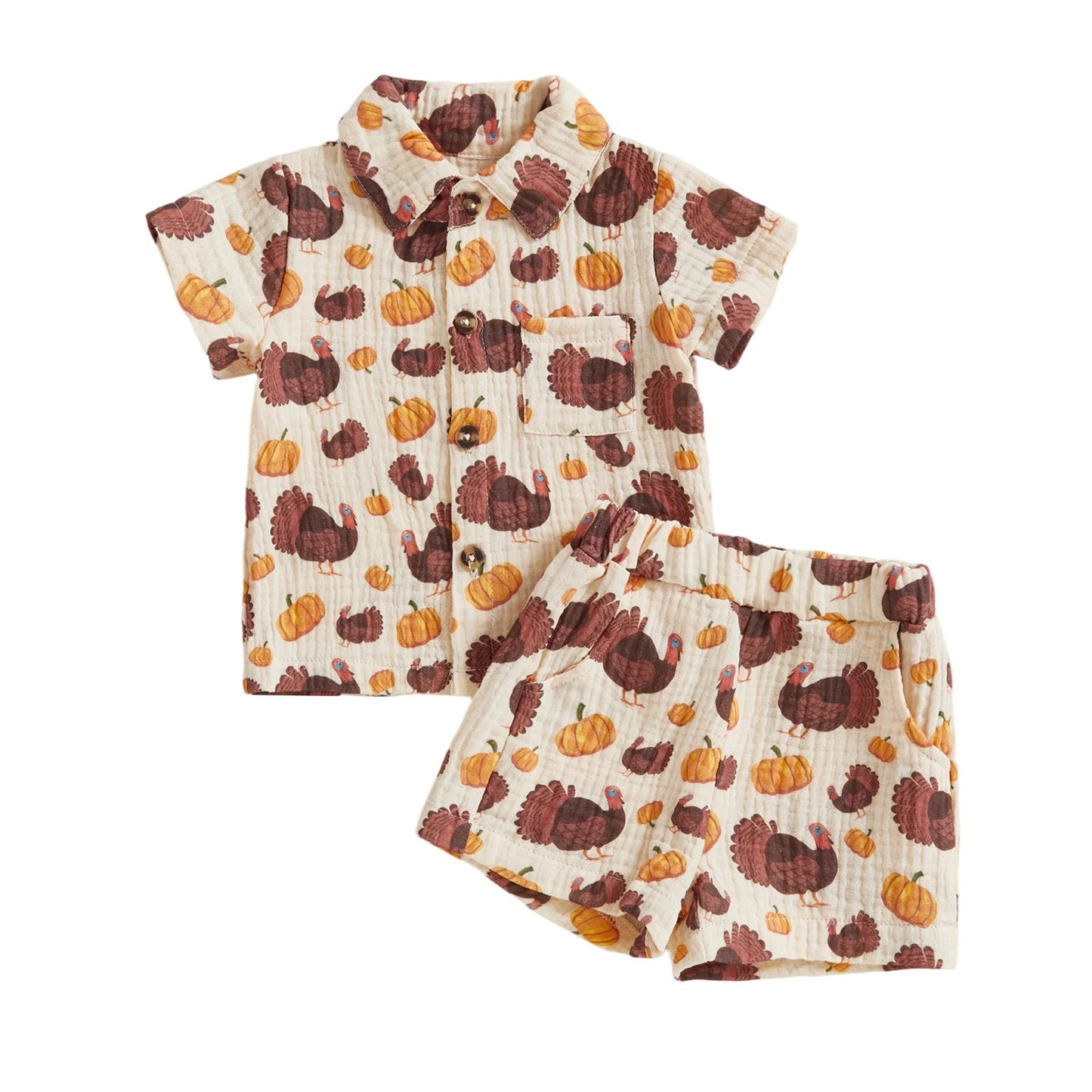 Baby Toddler Boys 2Pcs Thanksgiving Day Short Sleeve Lapel Button Up Turkey Pumpkin Print Top and Shorts Sets