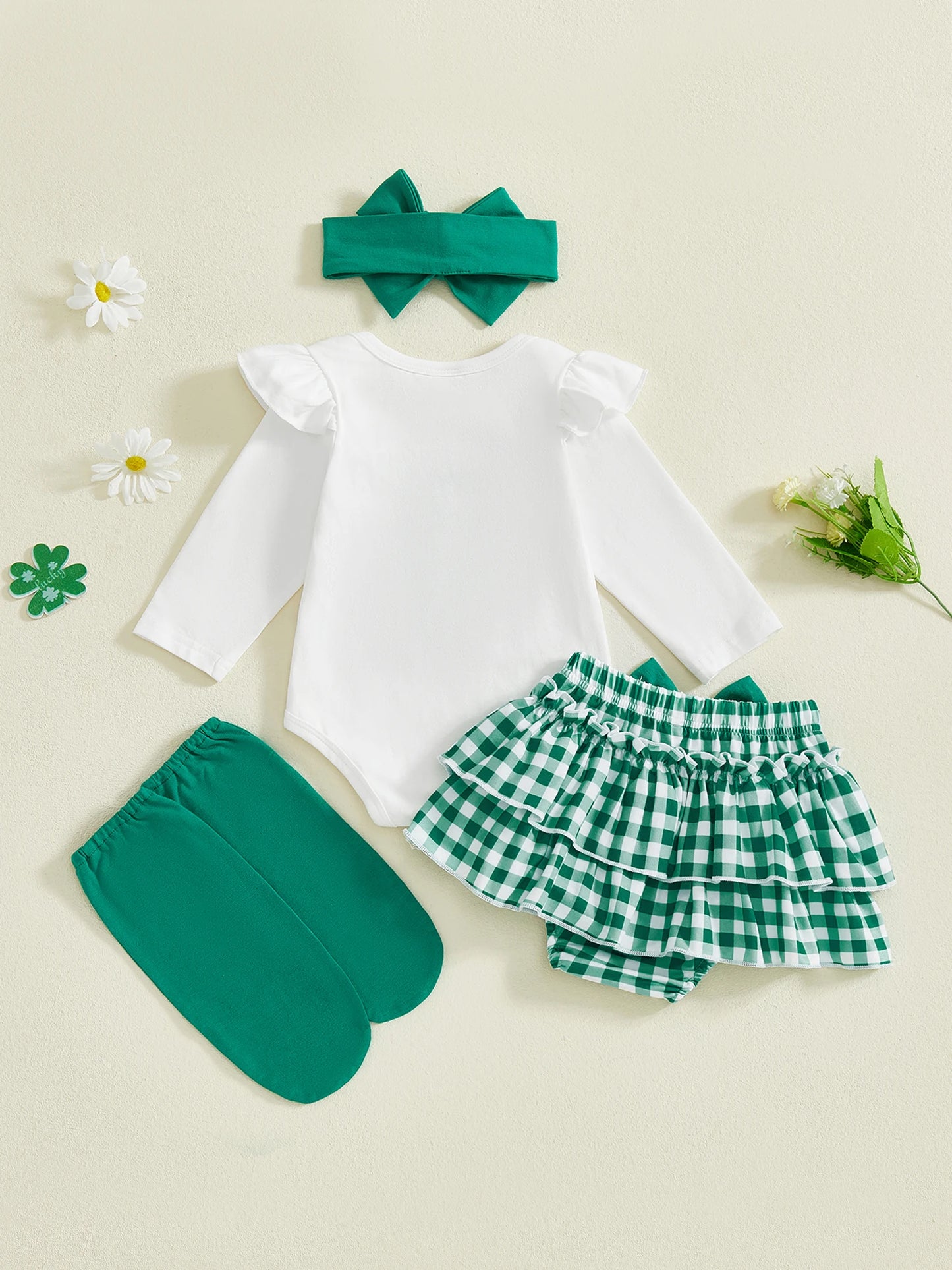 Baby Girl 4Pcs Mama's Lucky Charm St. Patrick's Day Outfit Clover Long Sleeve Romper Ruffle Shorts Headband and Leg Warmers Spring Set