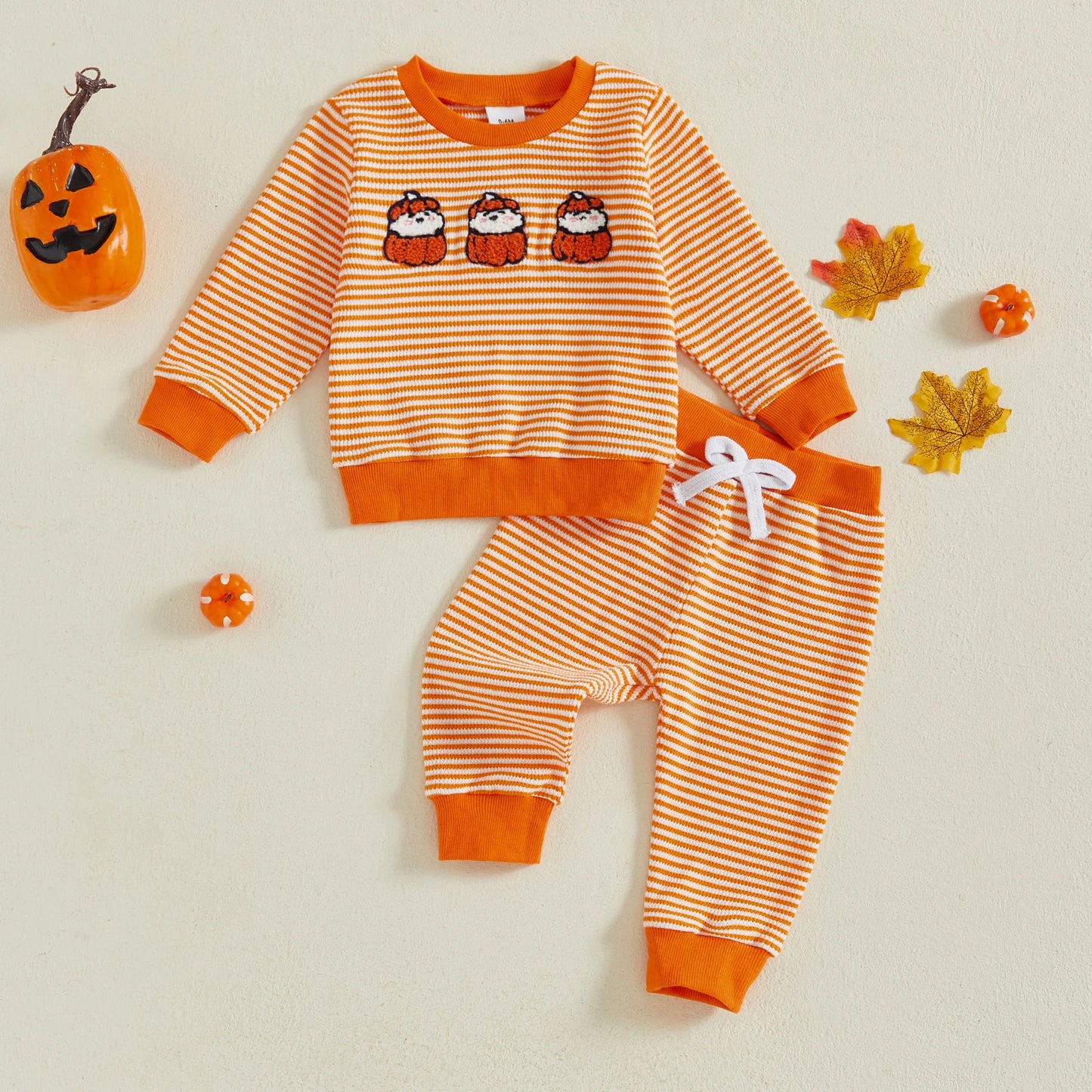 Baby Toddler Girls Boys 2Pcs Striped Set Halloween Ghost Embroidery Long Sleeve Pullover Top with Jogger Pants Fall Outfit