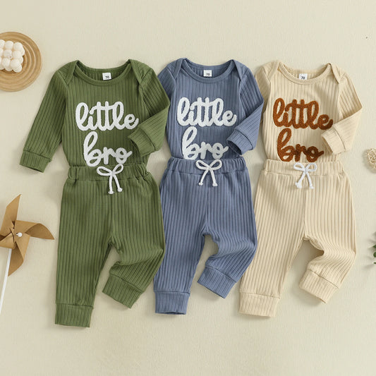 Baby Boy 2Pcs Fall Clothes Letter Little Bro Embroidery Long Sleeve Romper Solid Long Jogger Pants Outfit Set