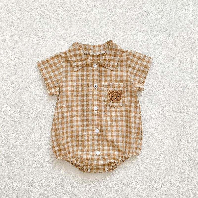 Boys Plaid Bear Patch Bodysuit Romper