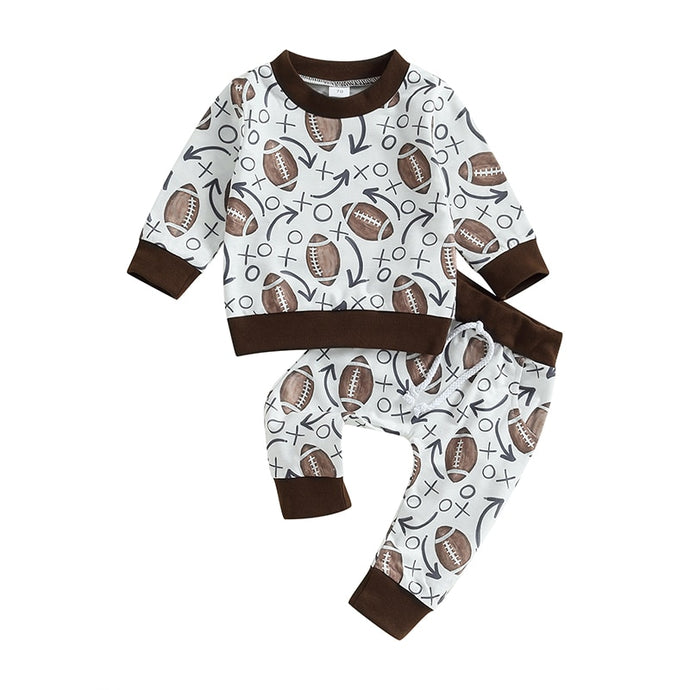 Toddler Boy Girl Baby 2Pcs Fall Outfit Football Print Long Sleeve Tops and Elastic Long Pants Outfit