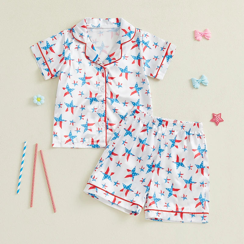 Toddler Girls Patriotic Pajamas Set Summer Star/Bow Print Button up Short Sleeves Shirt with Elastic Shorts for Loungewear