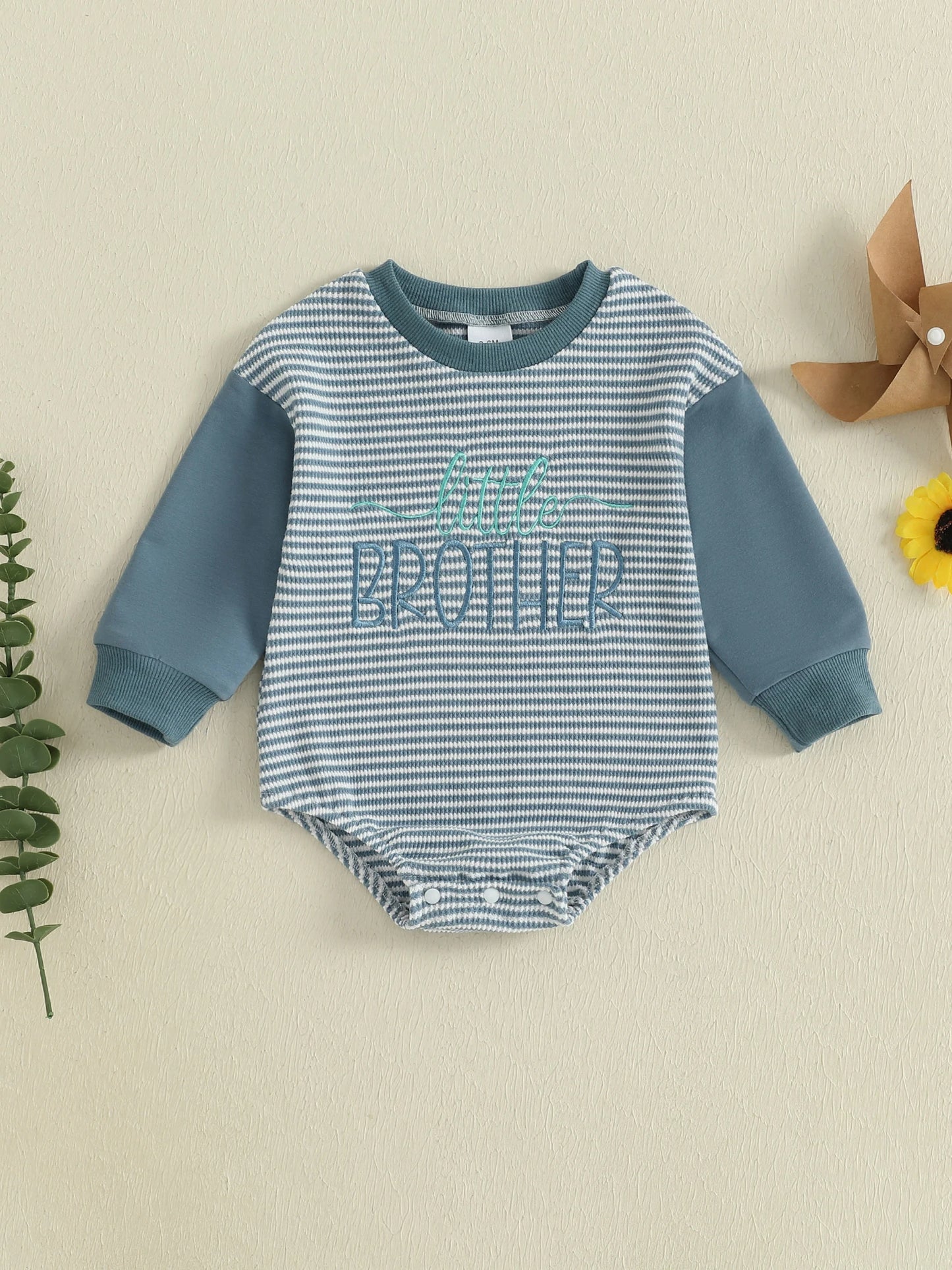 Baby Boys Girls Fall Romper Stripe Letter Little Brother Sister Embroidery Long Sleeve Crew Neck Bubble Jumpsuit