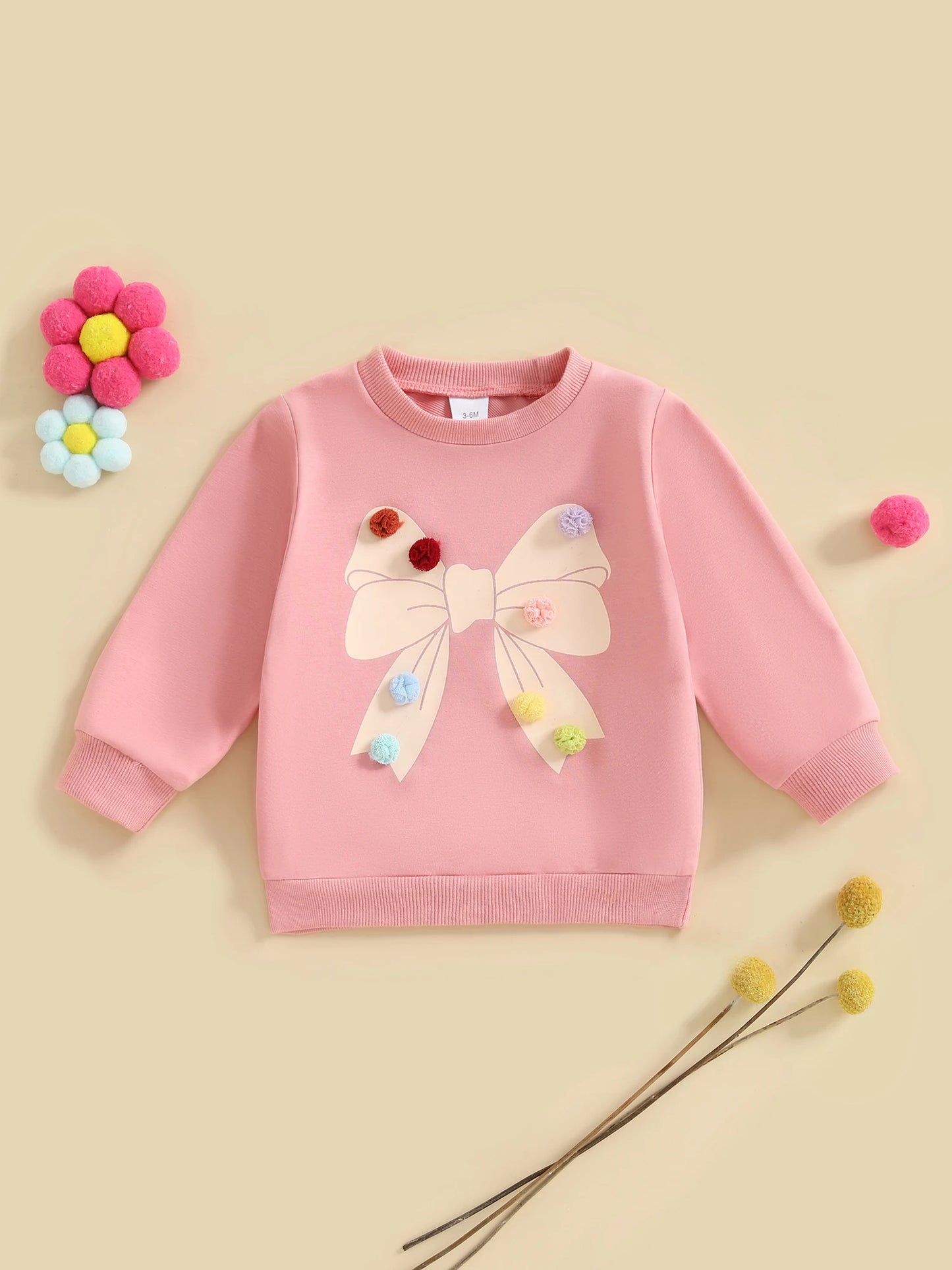 Baby Toddler Girls Long Sleeve Top Pom Pom Ball Bow Print Crewneck Pullover Winter Fall Clothes