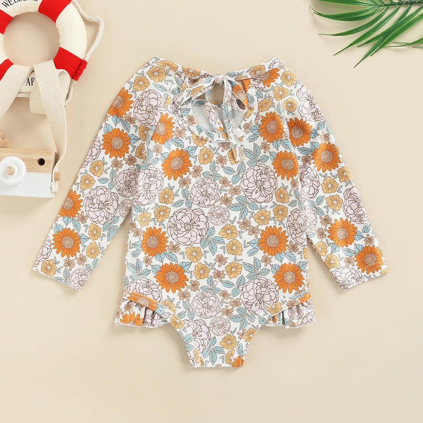 Long Sleeve Printed Ruffle Swimsuit