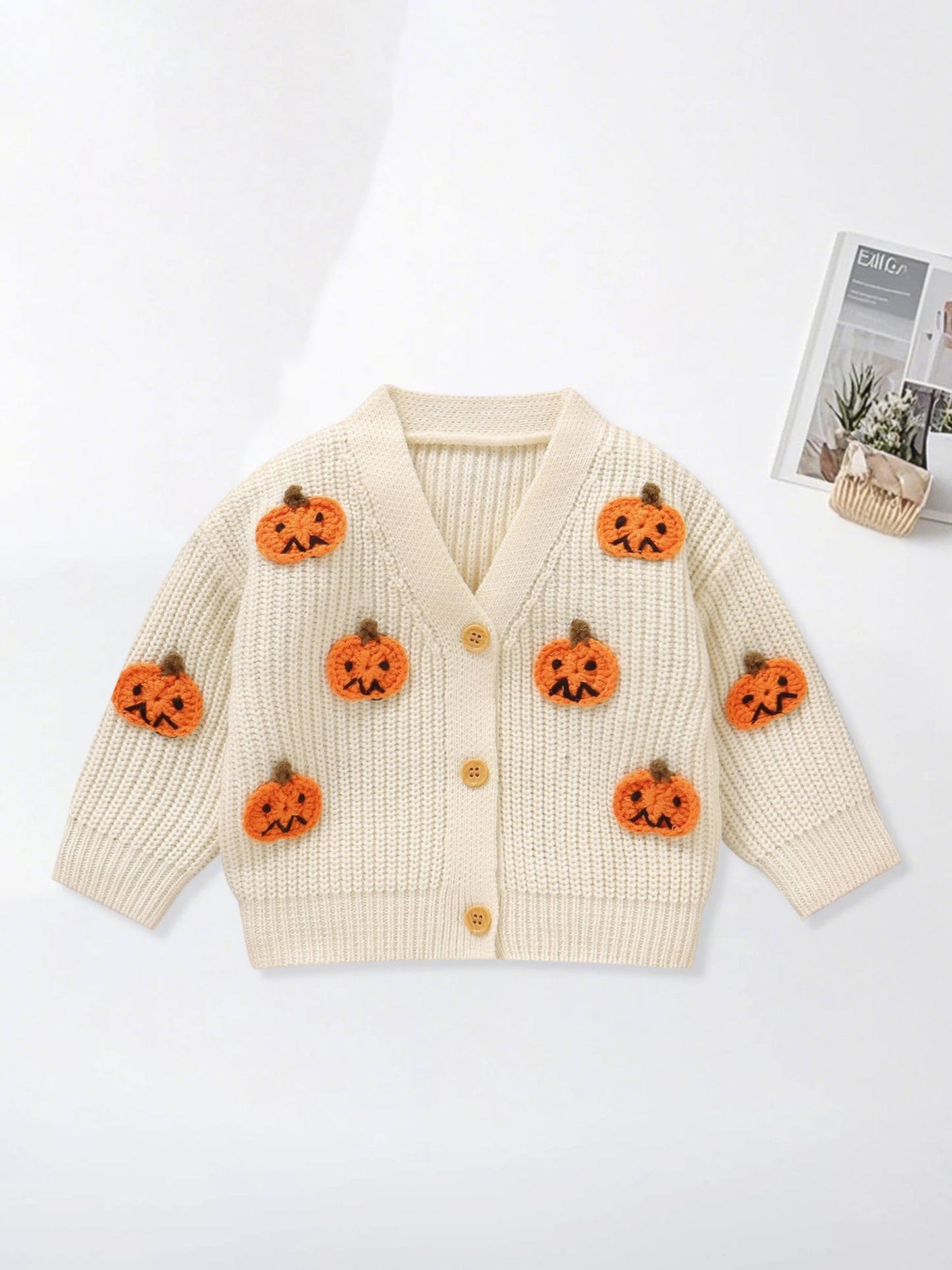Baby Toddler Boys Girls Knit Cardigan Cute Halloween Pumpkin Embroidery Fall V Neck Long Sleeve Button Up Sweater Top