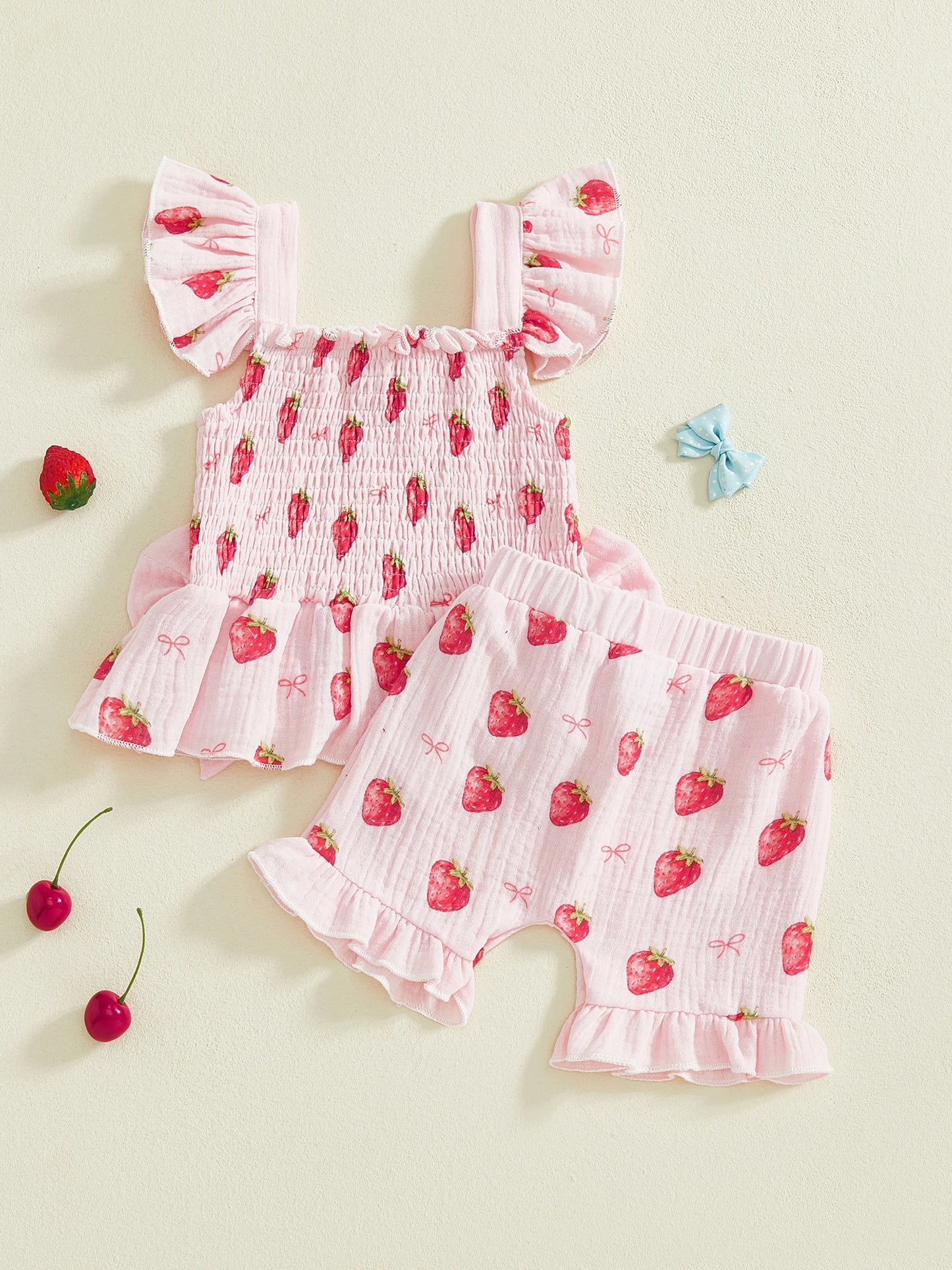 Baby Toddler Girl 2Pcs Summer Outfits Ruffle Sleeveless Cherries Fruit Print Smocked Top Shorts Set Clothes