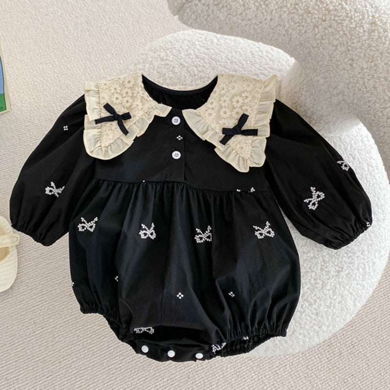 Ribbon Long Sleeve Embroidery Bodysuits Romper
