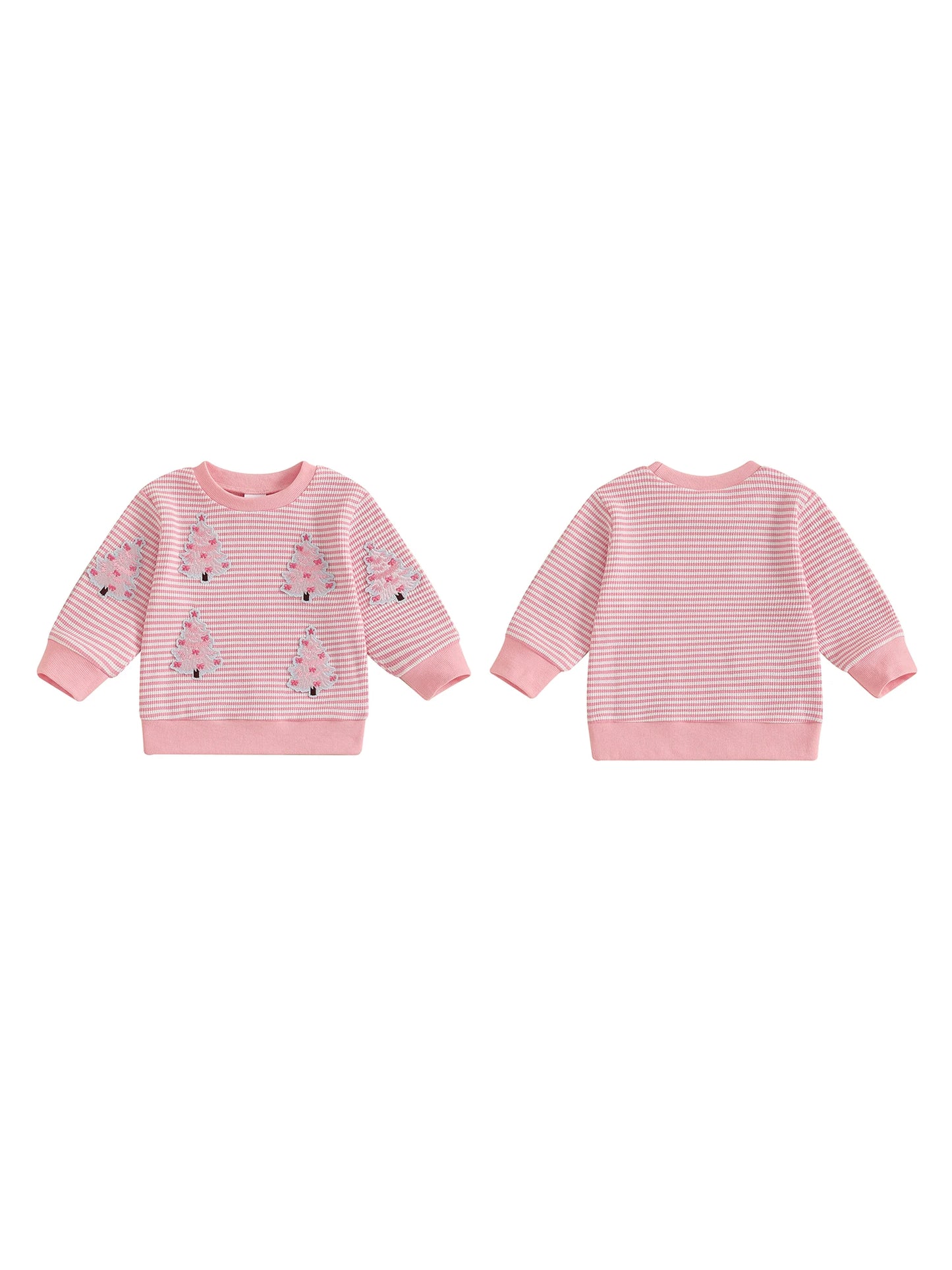 Baby Toddler Girl Christmas Top Christmas Tree Embroidered Striped Crew Neck Long Sleeve Pullover
