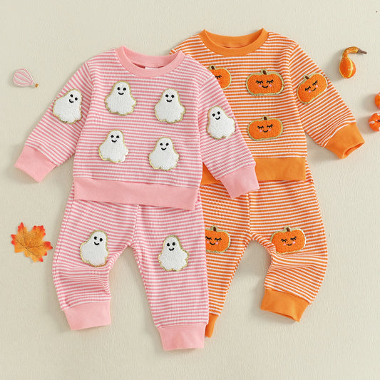 Baby Toddler Boys Girls 2Pcs Halloween Outfit Ghost Pumpkin Pattern Striped O-Neck Long Sleeve Top with Pants Jogger Set