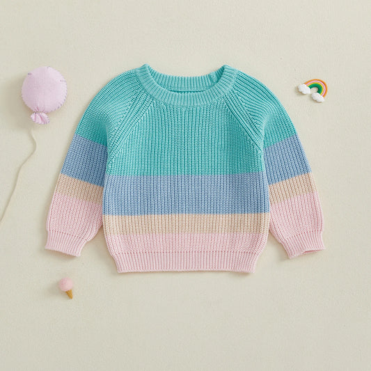 Baby Toddler Girl Sweater Contrast Color Stripes Crewneck Long Sleeve Pullover Chunky Knit Top