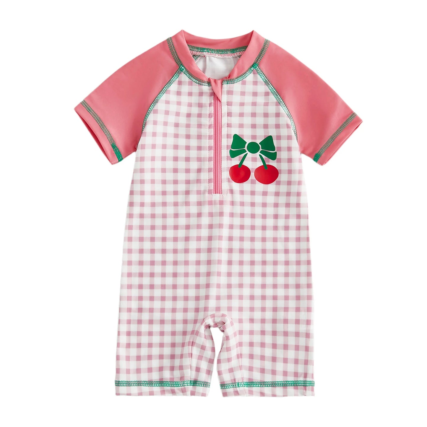 Baby Toddler Girls Rash Guard Swimsuit Plaid Contrast Color Cherry Zip Up Short Sleeve Baby Girls Swimwear Bathing Suit