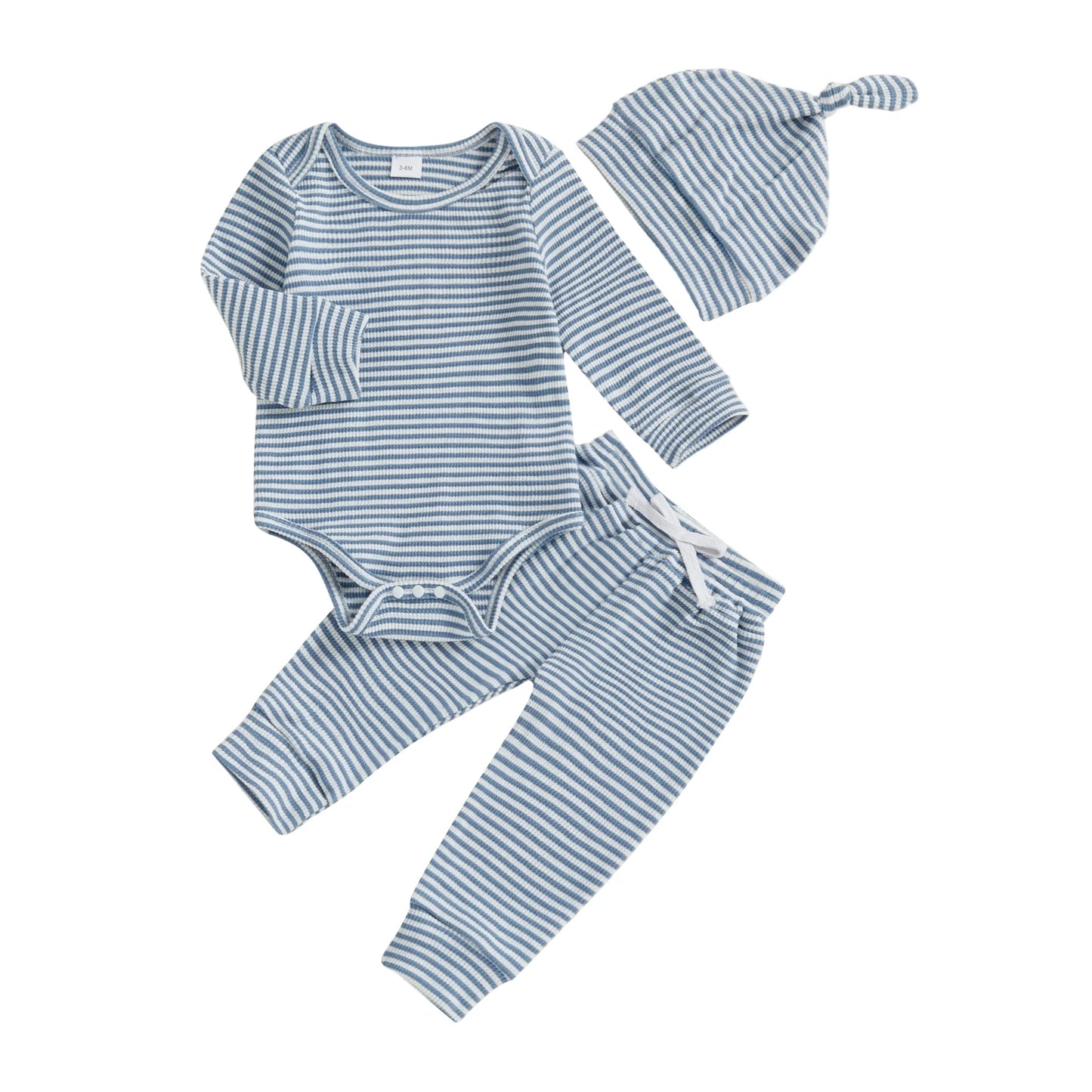 Baby Boys Girls 3Pcs Outfits Striped Crew Neck Long Sleeve Romper Pants and Cap Hat Set