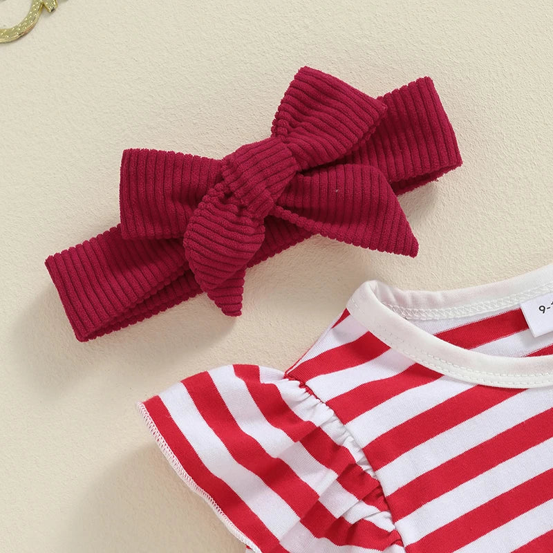Baby Girls 2Pcs Thanksgiving Christmas Outfits Stripe Long Sleeve Romper Turkey / Santa Embroidery Overalls Dress Headband Set