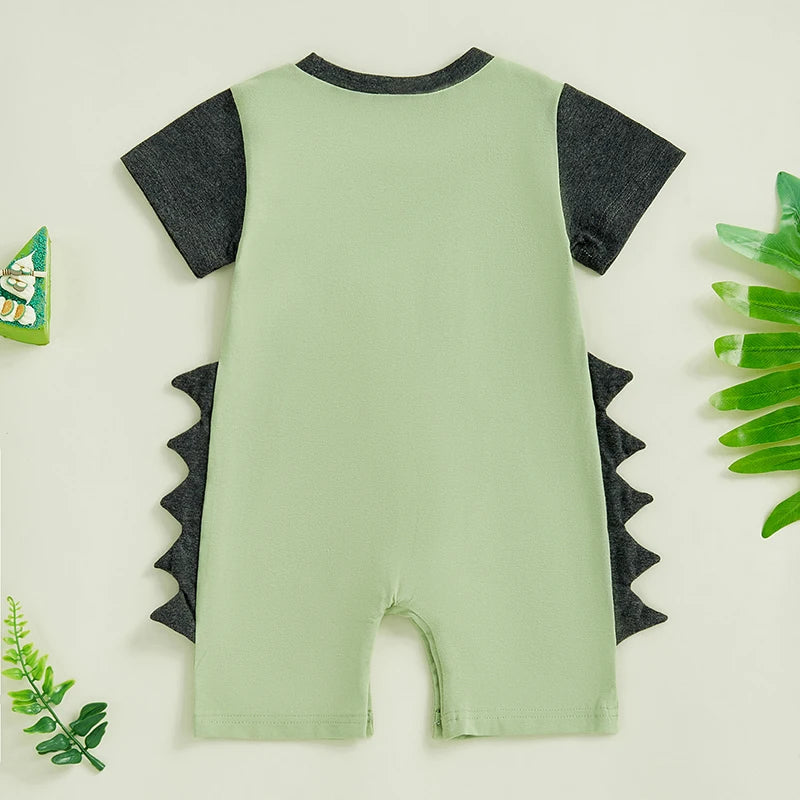 Baby Boy Summer Romper Short Sleeve Round Neck Contrast Color Dinosaur Spikes Jumpsuit Playsuit