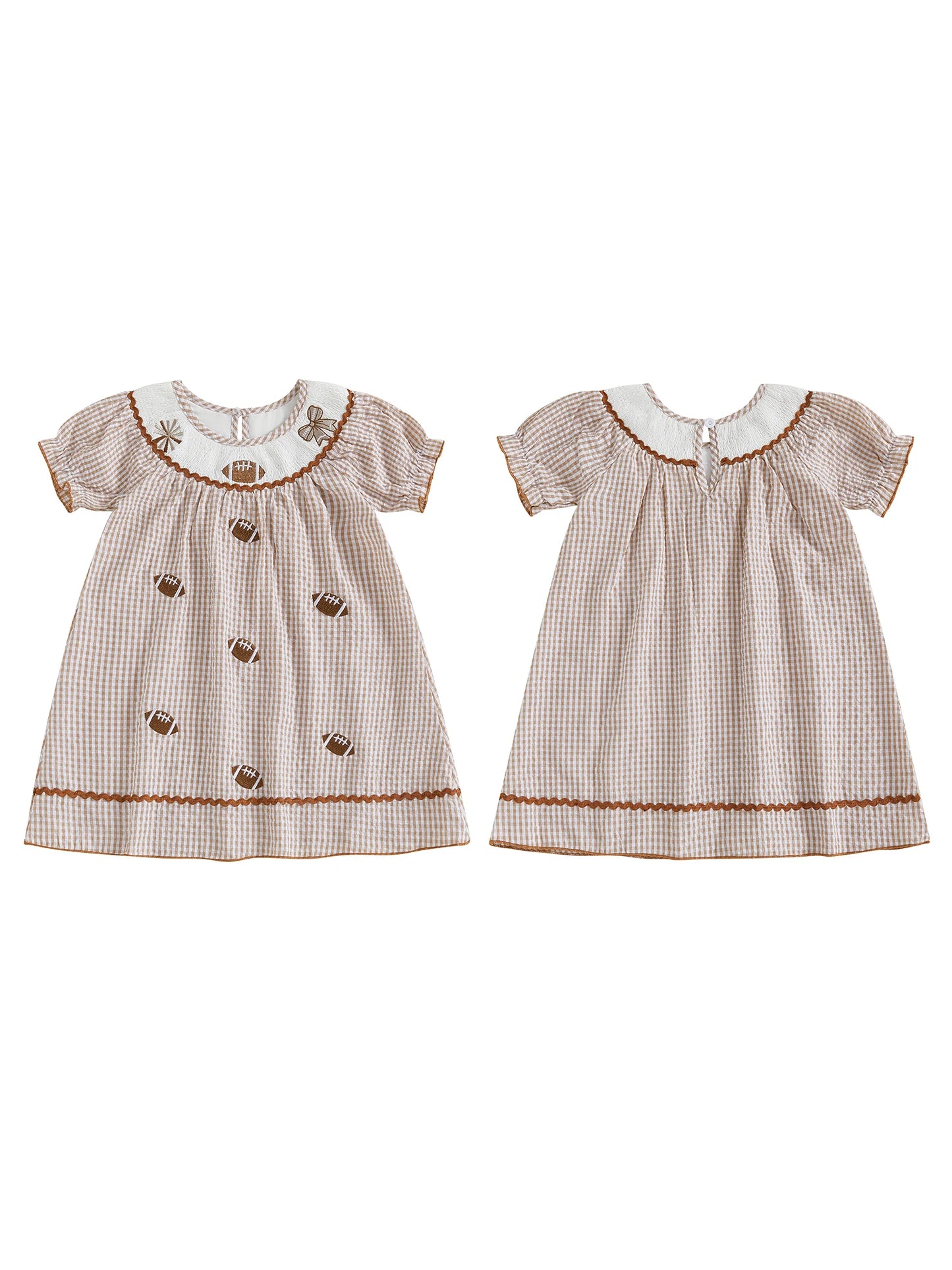 Toddler Kids Girl Dress Loose Fit Football Embroidered Plaid Crew Neck Short Sleeve Dress Summer Fall