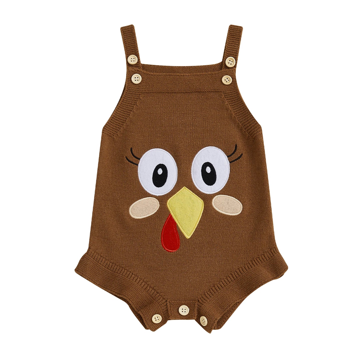 Baby Girl Thanksgiving Knit Romper Cute Turkey Print Square Neck Sleeveless Infant Jumpsuit Overalls