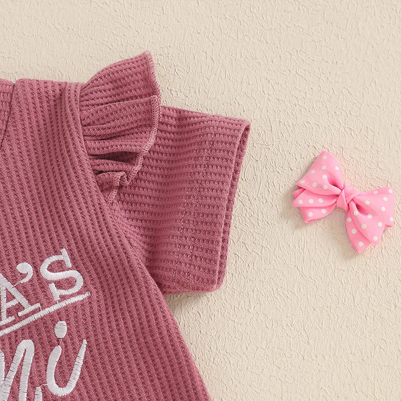 Baby Toddler Girls 2Pcs Waffle Outfit Mama's Mini Letter Embroidery Ruffle Short Sleeve T-Shirt Top and Elastic Shorts Set Clothes