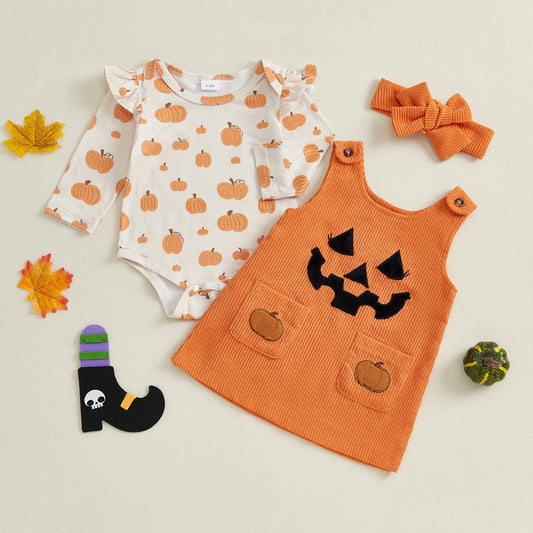 Baby Girls 3Pcs Halloween Outfit Pumpkin Ruffle Long Sleeve Romper Overall Dress Headband Set