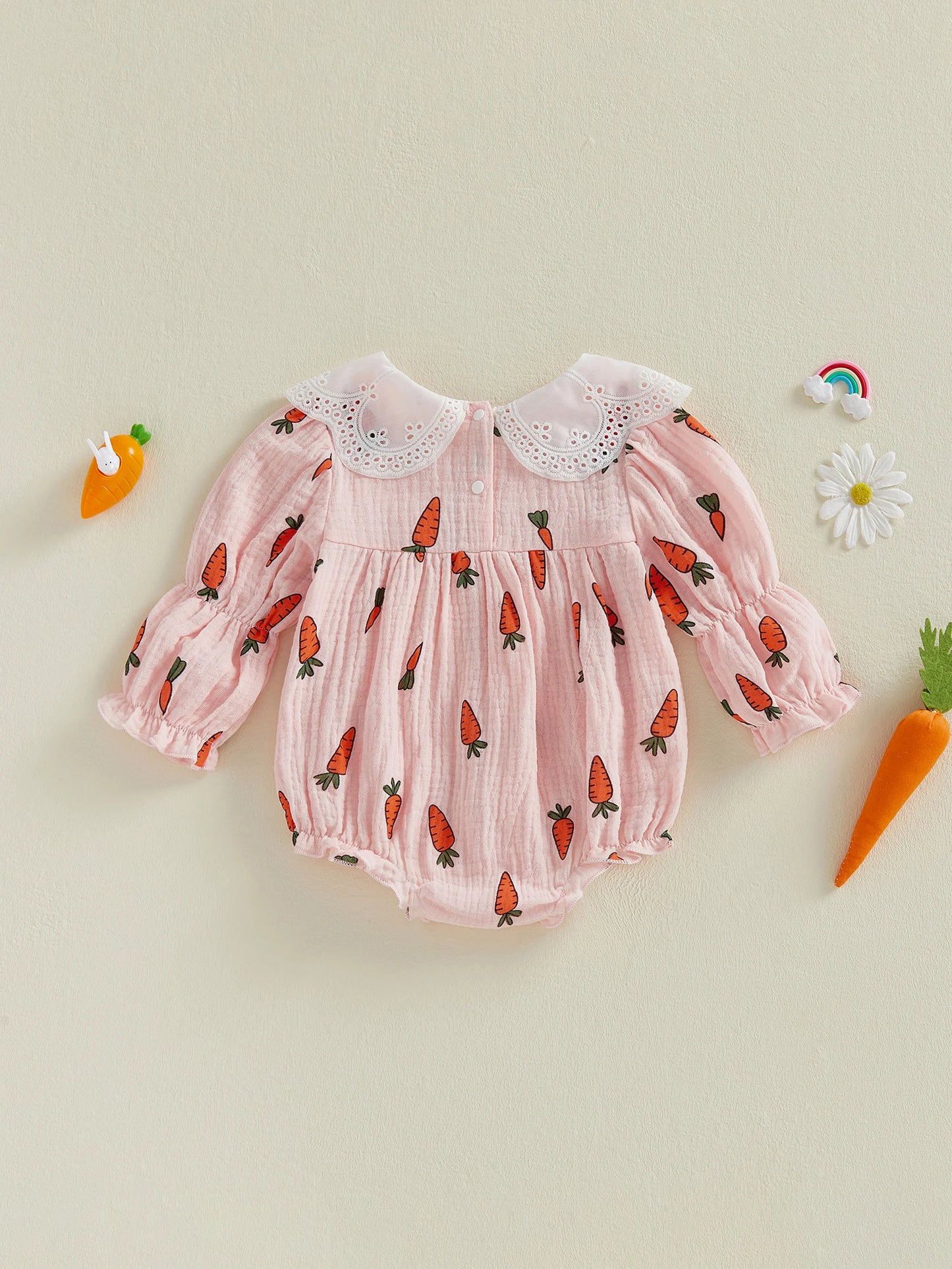 Baby Girl Easter Romper Long Sleeve Doll Collar Carrot Print Bubble Jumpsuit