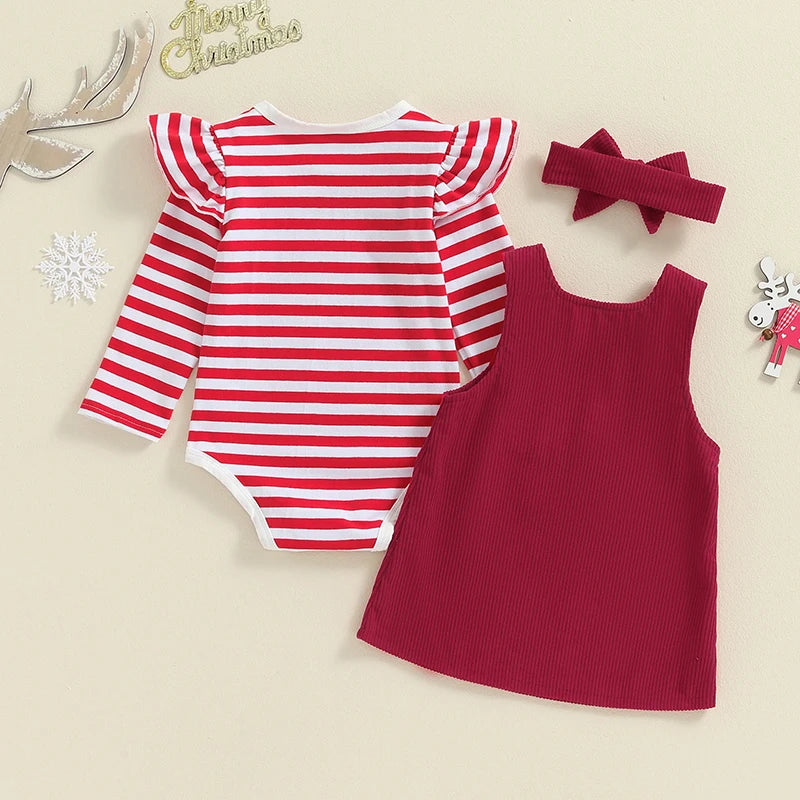 Baby Girls 2Pcs Thanksgiving Christmas Outfits Stripe Long Sleeve Romper Turkey / Santa Embroidery Overalls Dress Headband Set