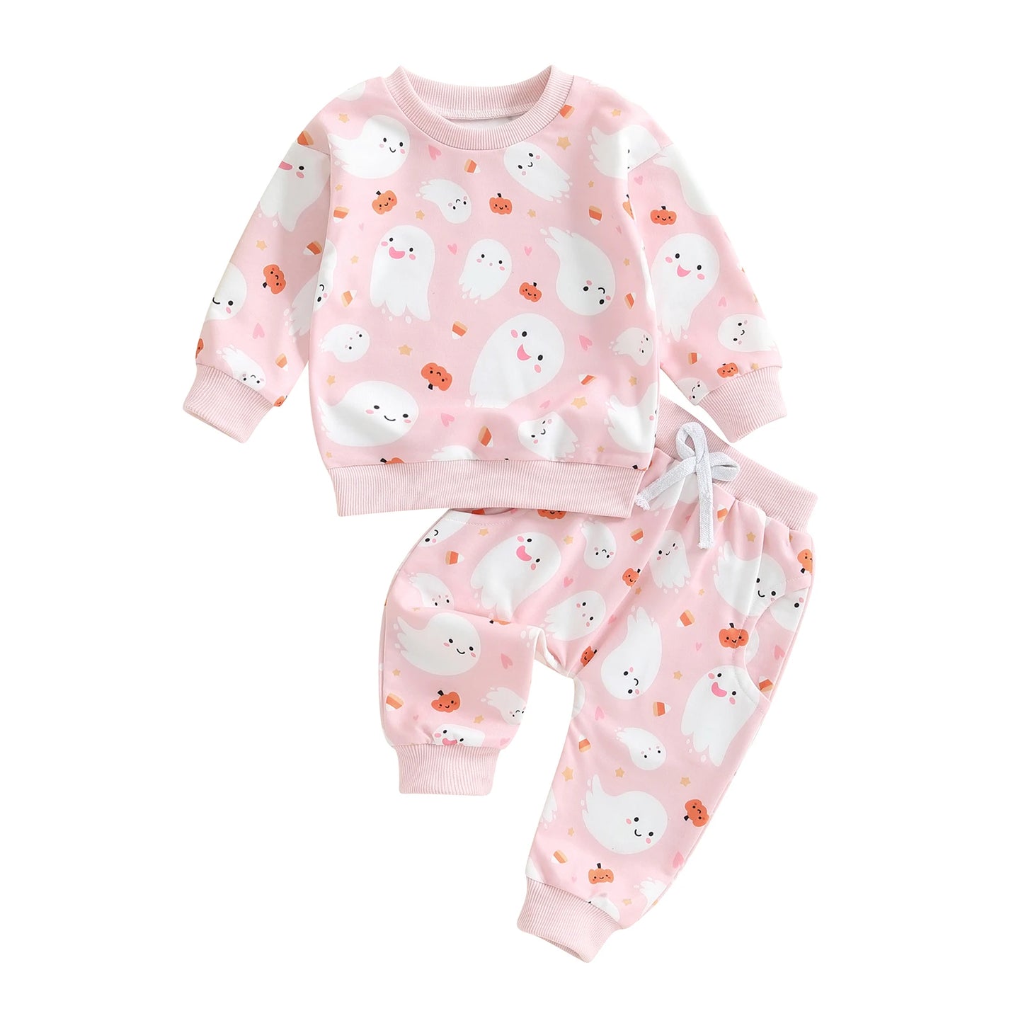 Baby Toddler Girls 2Pcs Halloween Outfit Ghost Pumpkin Print Crew Neck Long Sleeve Top and Pants Set
