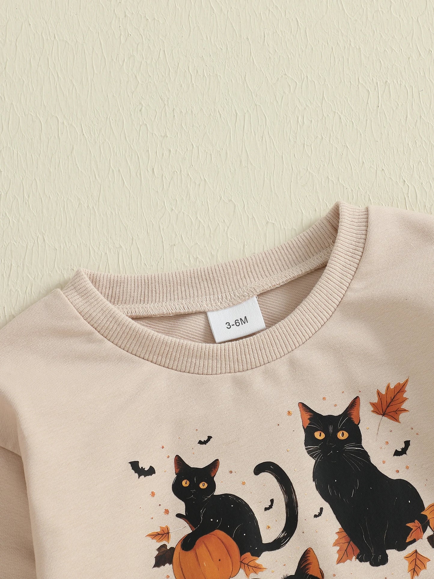 Baby Boys Girls Halloween Bubble Romper Long Sleeve Round Neck Black Cat Ghost Print Romper Fall Playsuit