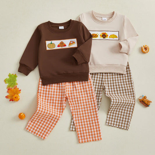 Baby Toddler Boys Girls 2Pcs Thanksgiving Outfit Pumpkin Turkey Pie Long Sleeve Crewneck Top Plaid Elastic Waist Pants Set