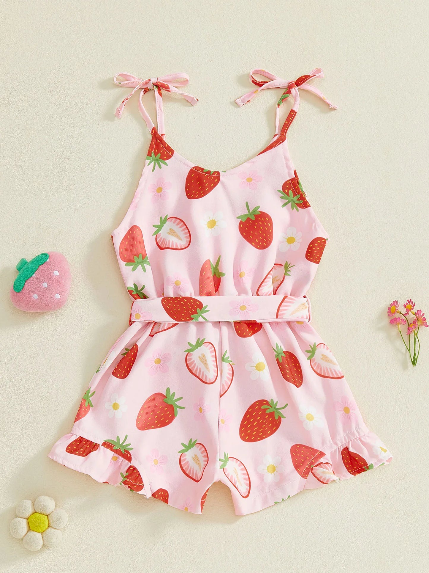 Toddler Kids Girl Summer Sleeveless Button up Strawberry Print Tie Shoulder Shorts Jumpsuit Romper