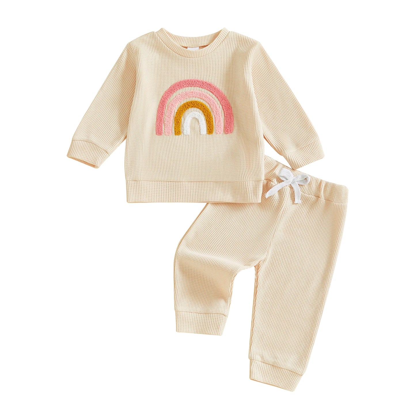 Baby Toddler Girls 2Pcs Fall Set Fashionable Rainbow Embroidery Long Sleeve Pullover Top with Jogger Pants Outfit