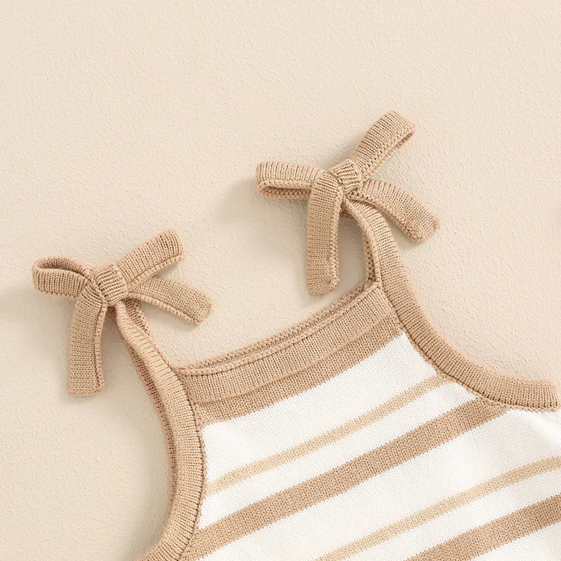 Baby Girls Summer Romper Sleeveless Tank Bow Strap Ruffle Striped Ribbed Jumpsuit Playsuit