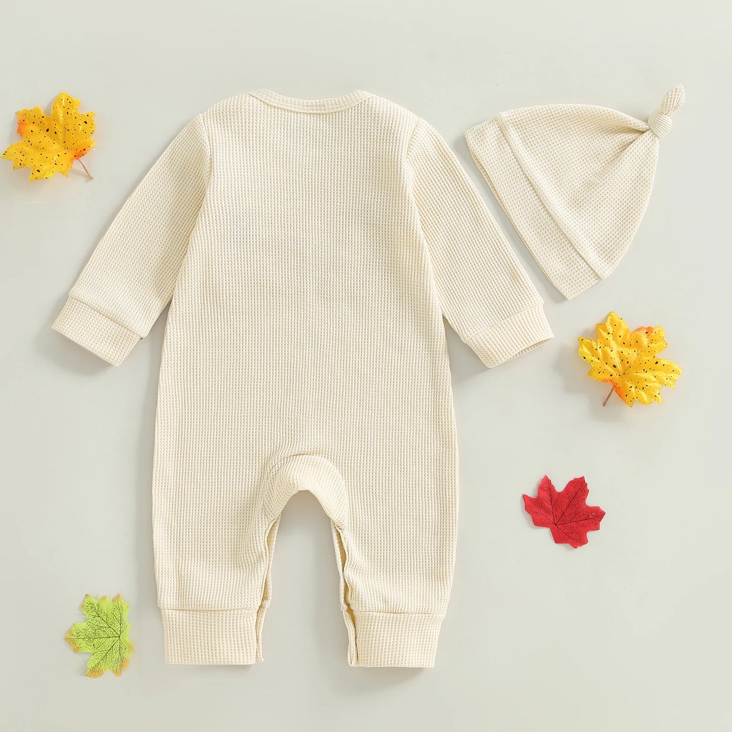 Baby Boys Girls 2Pcs Little Turkey Thanksgiving Outfit Long Sleeve Crew Neck Letter Turkey Embroidery Full Length Romper with Hat Set
