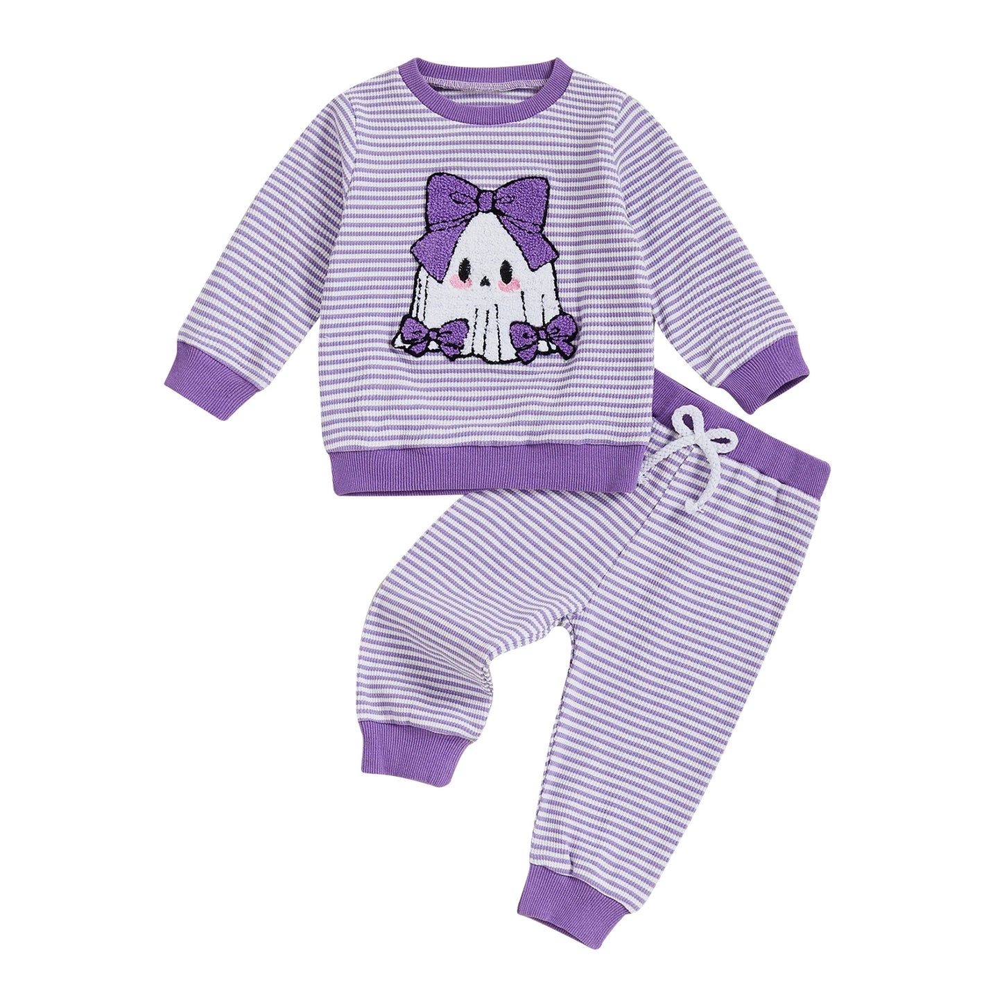Baby Toddler Girls 2Pcs Pants Set Embroidery Ghost Long Sleeve Top with Striped Jogger Pants Halloween Clothes